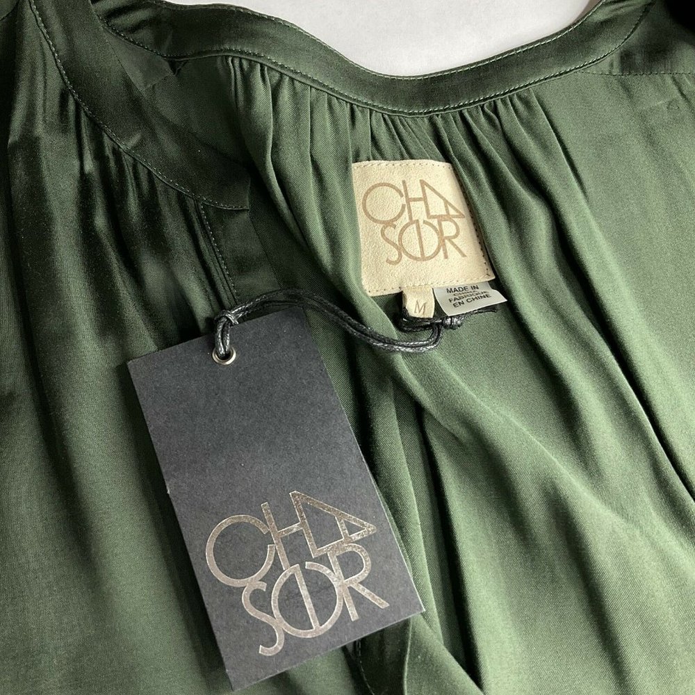 Chaser Romper Womens Size M Green Silky Feel Drawstring Shorts Button Up Nwt $88 - Picture 4 of 9